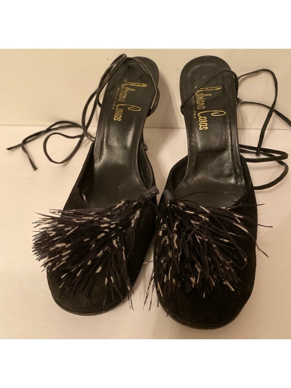 ADRIANA CARAS SHOES HEELS BLACK SUEDE LEATHER ANKLE WRAP ITALY SIZE 38 7.5